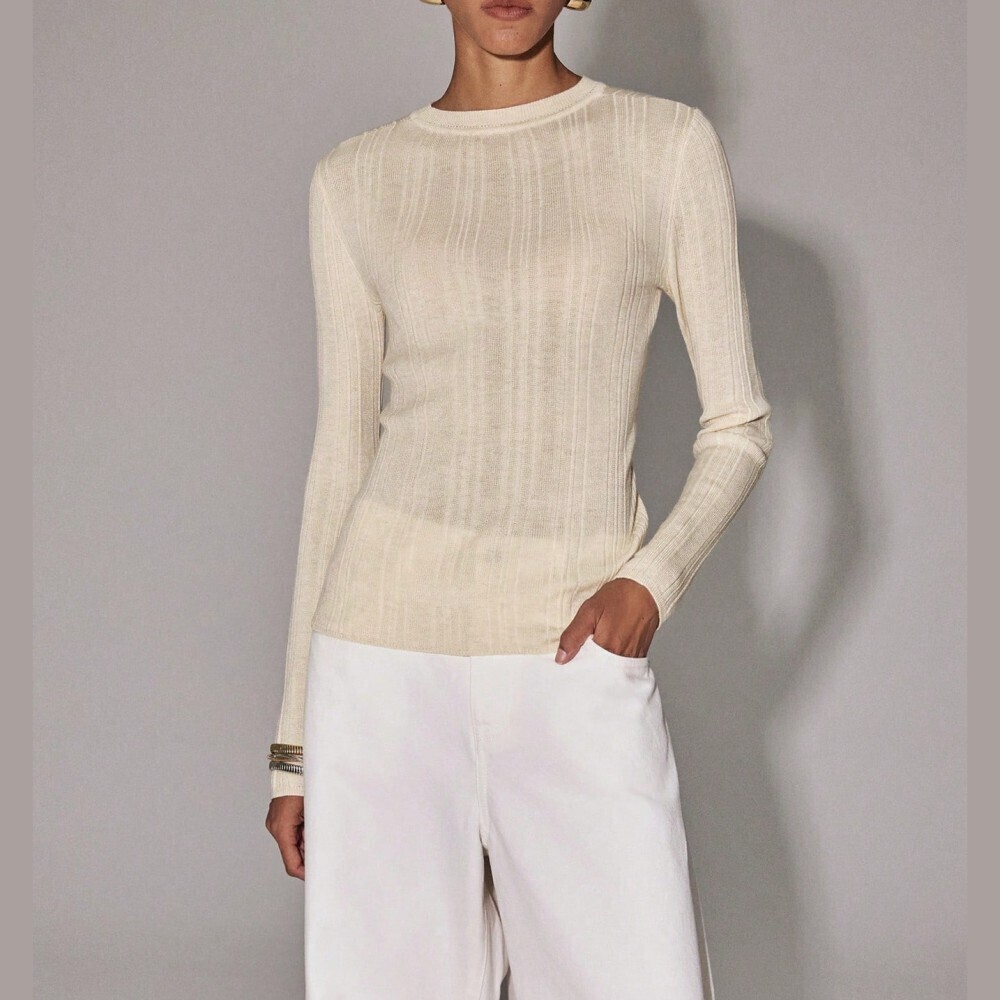 Cream Ribbed Knit Slim Fit Crewneck Sweater